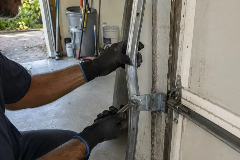 Gloved hands holding a vertical garage-door track and a wrench at its mounting bracket beside a door hinge.