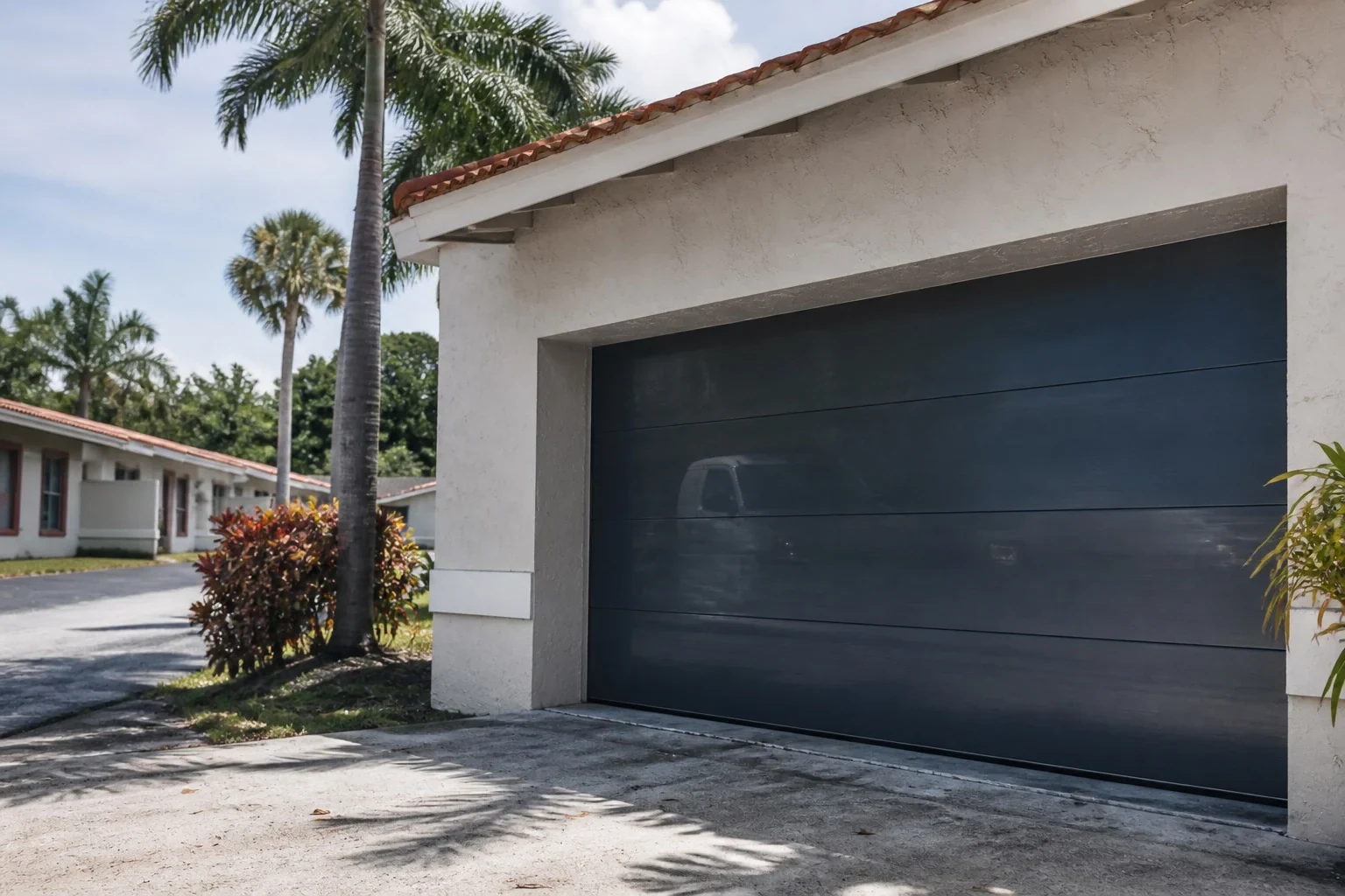 Dark sectional garage door set into a white stucco home beside a palm tree