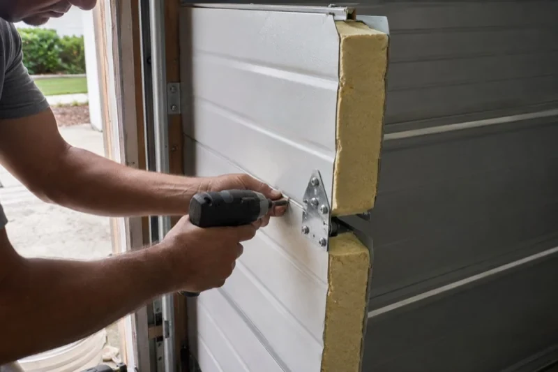 Person using a power driver at a hinge between white garage-door panels with exposed yellow inner material along their edges.